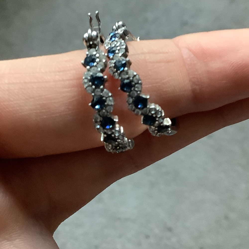 Women's Silver Hoop Earrings with Blue Gemstones
